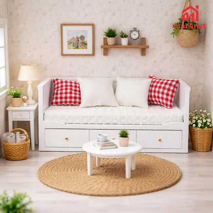 Miniature Dollhouse Daybed, 1/12 Scale Couch, Upholstered Wooden Fabric Sofa with Pillows, Mini Loveseat Sofa Furniture Set for 6 Inch Dolls, Modern Living Room Realistic Model DecorationAccessories