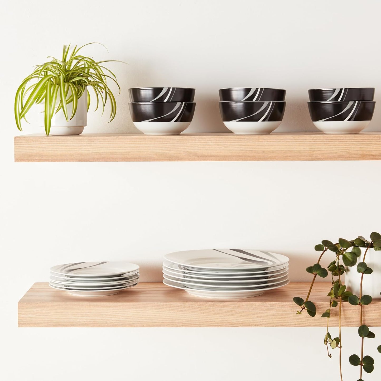 18-Piece Set, 6, Amazon Basics Complete Kitchen Dinnerware Microwave and Dishwasher Safe, Plates, Dishes, Bowls, Swirl