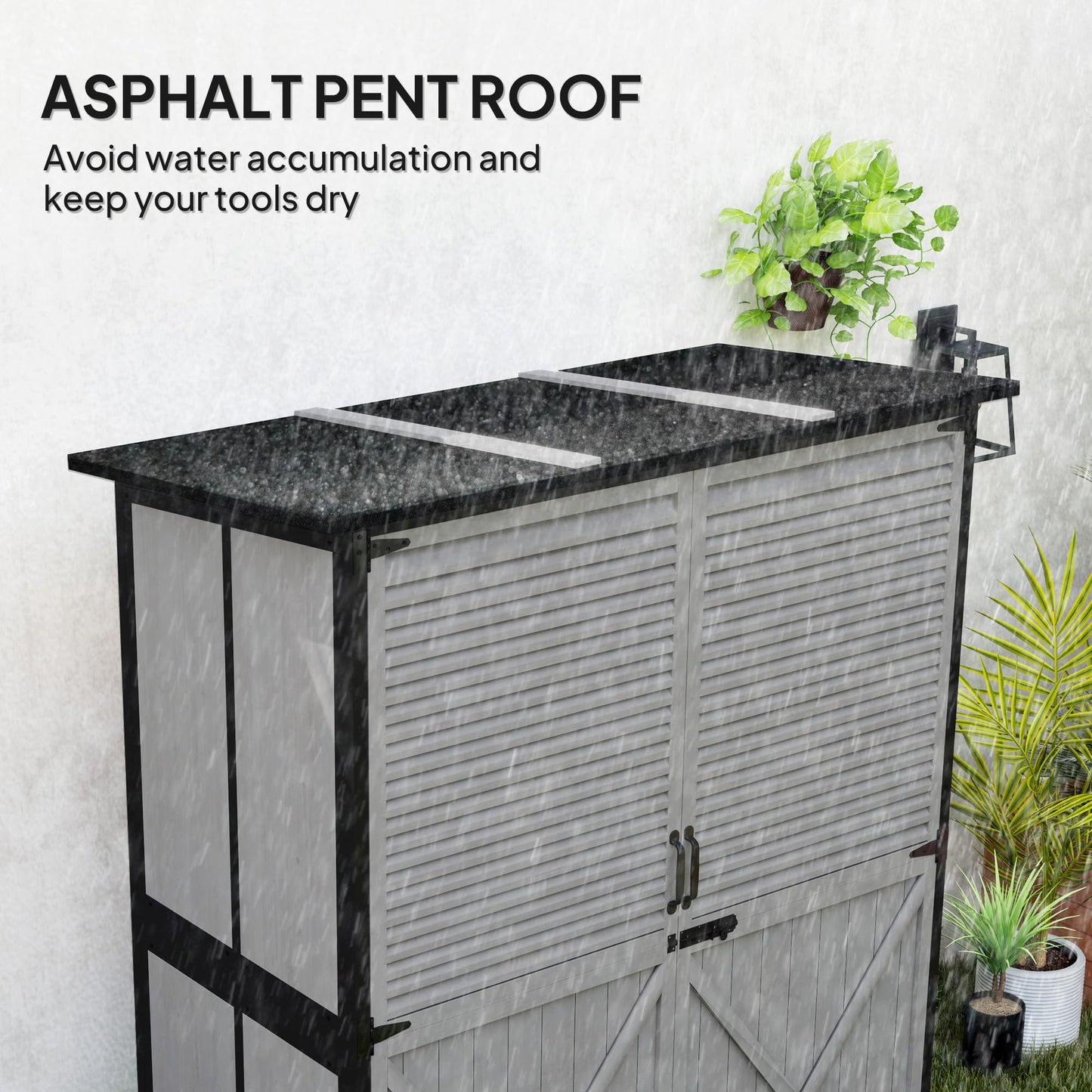 Outsunny Outdoor Storage Cabinet, Wood Garden Tool Shed with Lock, Steel Frame and Asphalt Roof, Garden Storage Shed with Adjustable Shelves and Feet for Patio Backyard Lawn, Gray
