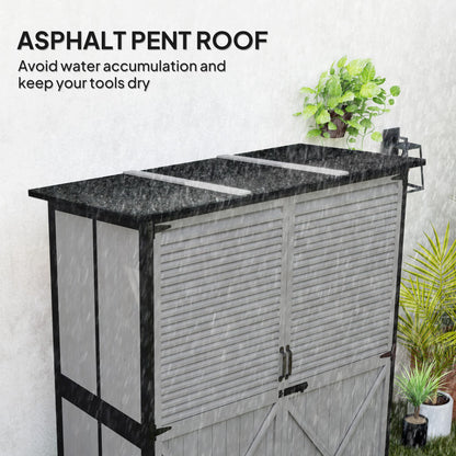 Outsunny Outdoor Storage Cabinet, Wood Garden Tool Shed with Lock, Steel Frame and Asphalt Roof, Garden Storage Shed with Adjustable Shelves and Feet for Patio Backyard Lawn, Gray