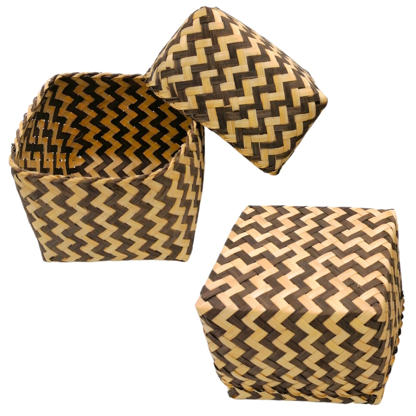 Sticky Rice Basket, Bamboo Rice Container, Kratip Zig Zig Woven 3.5 Inches Steamed Sticky Rice Bowl, Thailand Handmade Serving Basket, Original Bamboo Color, Thai Laos Kratib (Zig Zack Pack of 2)