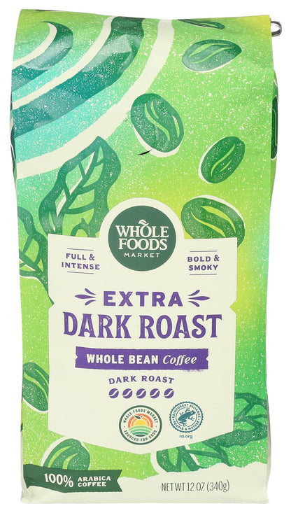 Whole Foods Market, Extra Dark Roast Whole Bean Coffee, Full & Intense, Bold & Smoky, 12 Ounce
