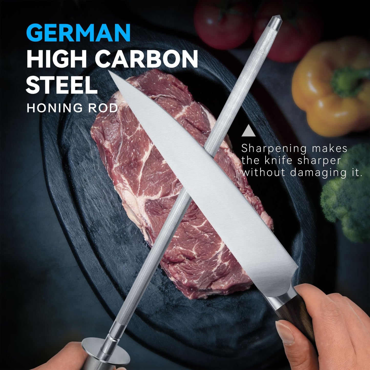 Monbalcon Honing Rod 10'', German High Carbon Steel Knife Sharpener Rod with Premium Gift Box, Professional Fine Sharpening Stone Kitchen Knife Whetstone with Stainless Steel Handle, 10 inch