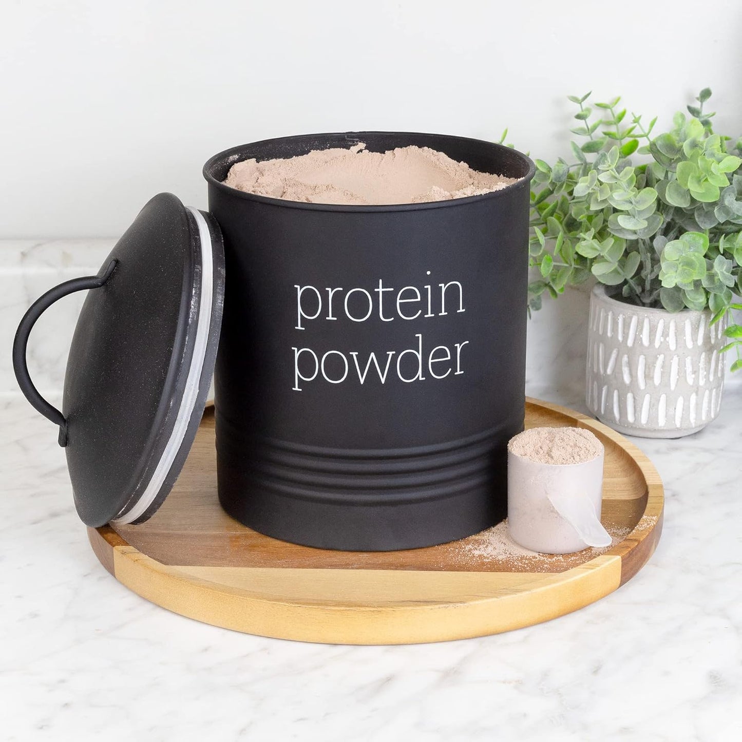 AuldHome Enamelware Protein Powder Canister (Black), Modern Farmhouse Style Storage for Kitchen