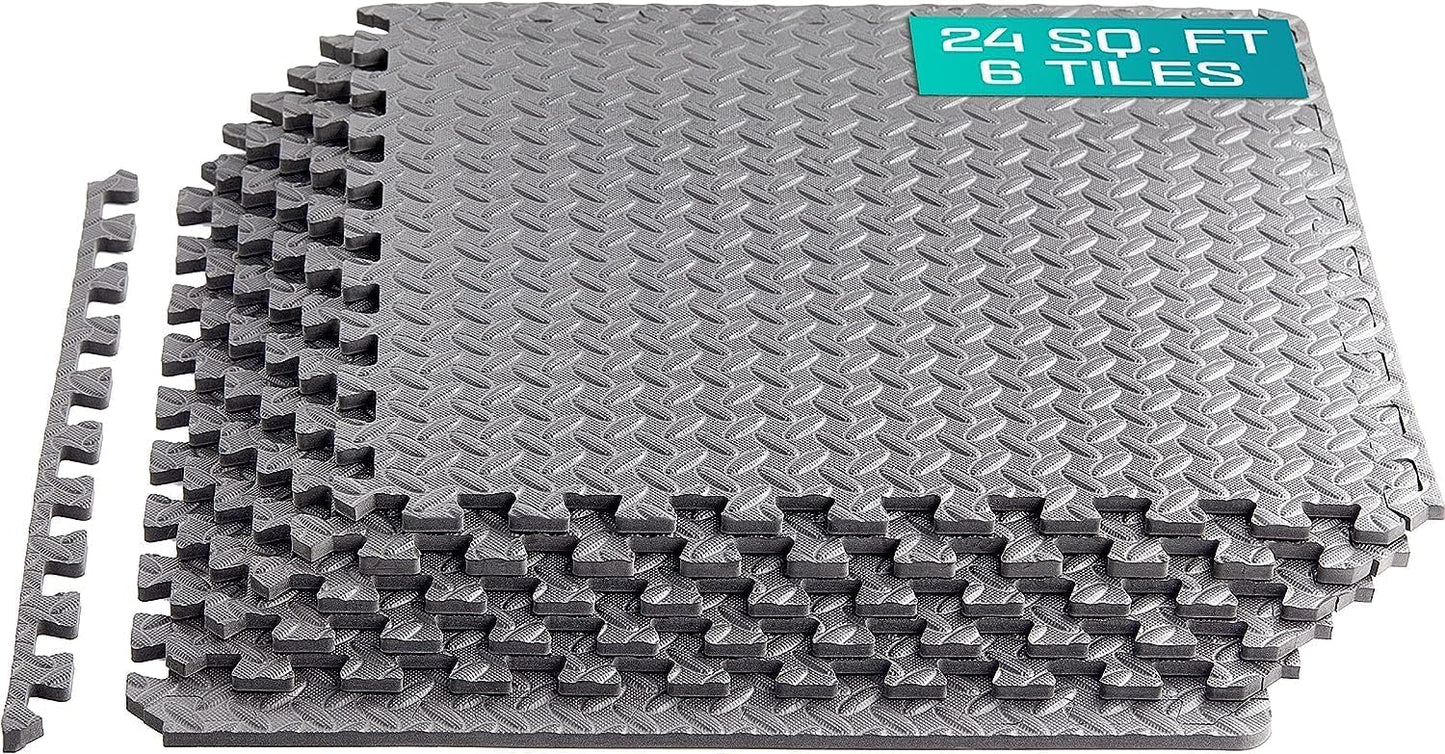 Yes4All Interlocking Floor Mats – Foam, Gym Floor Mats with EVA Interlocking Tiles (24 Square Feet – Gray – 6 Tiles)