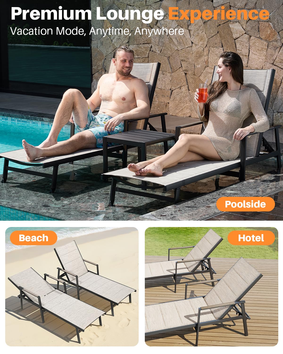 SEEHILL Outdoor Chaise Lounge Set of 2, Never-Rust Aluminum Patio Lounge Chairs with 3D Ultra-Thick Textilene, 6-Position Adjustable Backrest Pool Loungers for Sunbathing, Poolside, Beach, Lawn