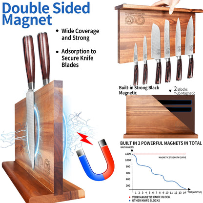 XYJ Extra Large Magnetic Knife Block Acacia Wood Knife Set Holder Stand With Stronge Magnetic Strip Kitchen Knives Storage Rack Organizer Tools No Drilling