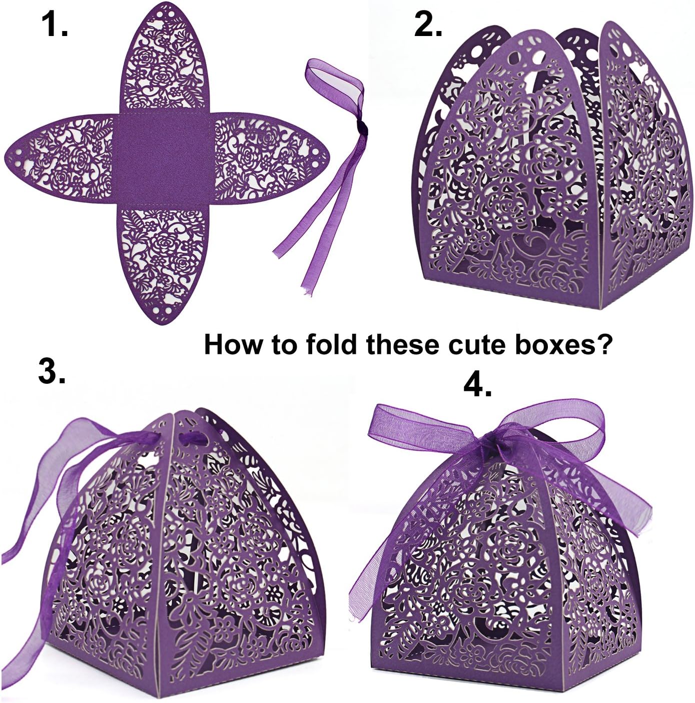 KPOSIYA 100 Pack Laser Cut Rose Candy Favor Boxes 2.5"x 2.5"x 3.1" for Bridal Shower, Anniversary, Birthday Party