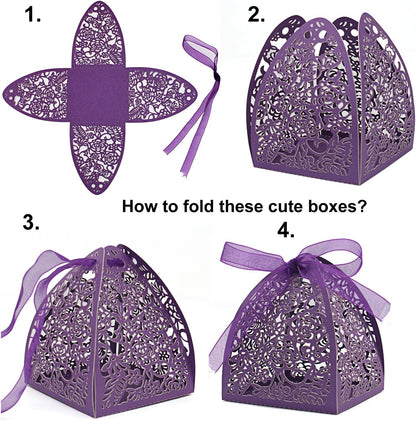 KPOSIYA 100 Pack Laser Cut Rose Candy Favor Boxes 2.5"x 2.5"x 3.1" for Bridal Shower, Anniversary, Birthday Party
