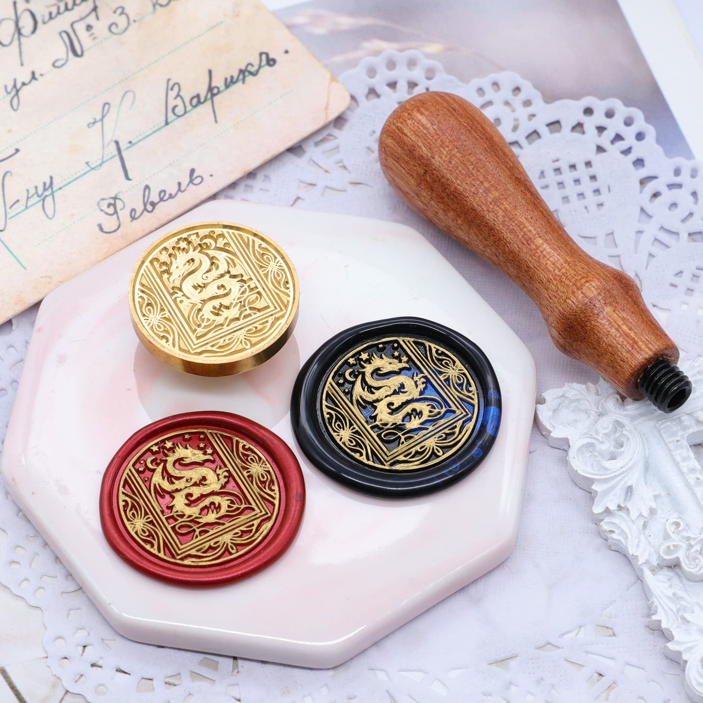 SWANGSA Starry Dragon Wax Seal Stamp Kit with 60pcs Sealing Wax Beads, Melting Spoon and Gift Box, Great for Embellishment of Party Invitations, Wine Packages, Gift Idea