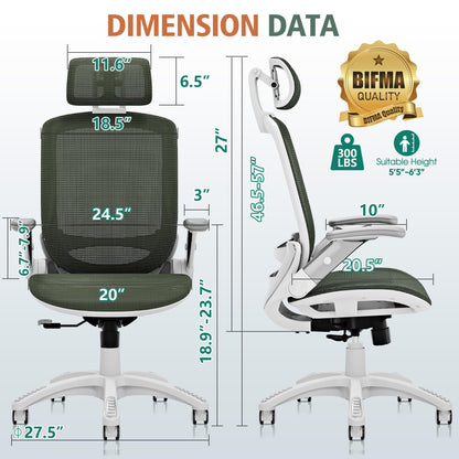 GABRYLLY Ergonomic Office Chair, High Back Home Desk Chair with Headrest, Flip-Up Arms, 90-120° Tilt Lock and Wide Cushion, 300LBS Mesh Chairs for Man Woman, White Task Chair(Olive Green,GY01WOG)