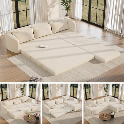 Vesgantti 110.2" Boneless Sectional Couch with Curved Armrest, 6 in 1 Convertible Folding Sleeper Sofa Bed, Chenille Modular Sofa for Living Room, No Assembly Required, Beige, Right Facing Chaise