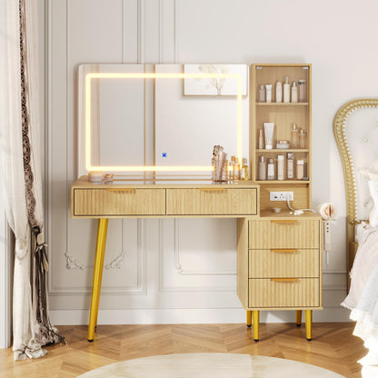 GarveeTech 48" Makeup Vanity Table, with 5 Drawers & 3-Tier Shelves, Fluted Vanity Desk with 36" Lighted Mirror, Charging Station, Wood Dressing Table with Glass Top, for Bedroom