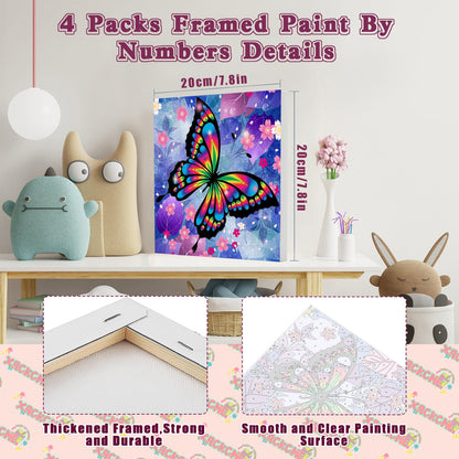 4 Pack Butterfly Paint by Number for Kids with Wooden Frame, Paint by Numbers for Kids Butterflies Ages 4-8-12, Easy Painting with Numbers DIY Acrylic Oil Painting Kits for Home Wall Decor (8X8 inch)