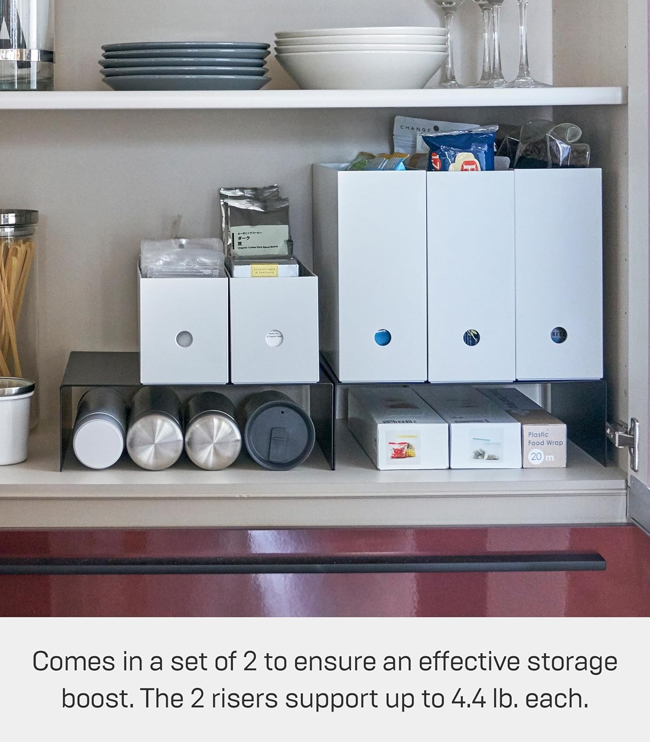 Yamazaki Home Cabinet Bottom Shelf Storage Organizer, Set of 2 Dish Riser for Under Sink or Kitchen Pantry