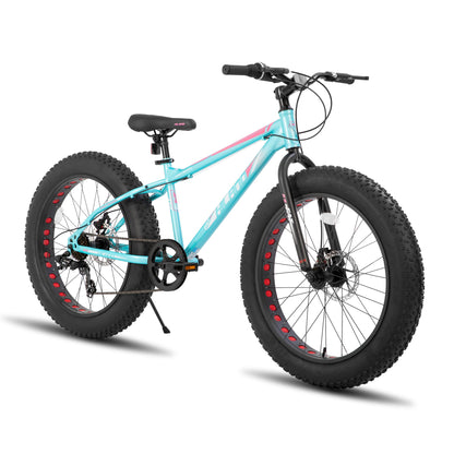HH HILAND 26 Inch Kids' Bicycles Fat Tire Mountain Bike for Boys and Girls, 7-Speed, Dual-Disc Brake, Kids Beach and Snow Bicycle for Big Kid Green