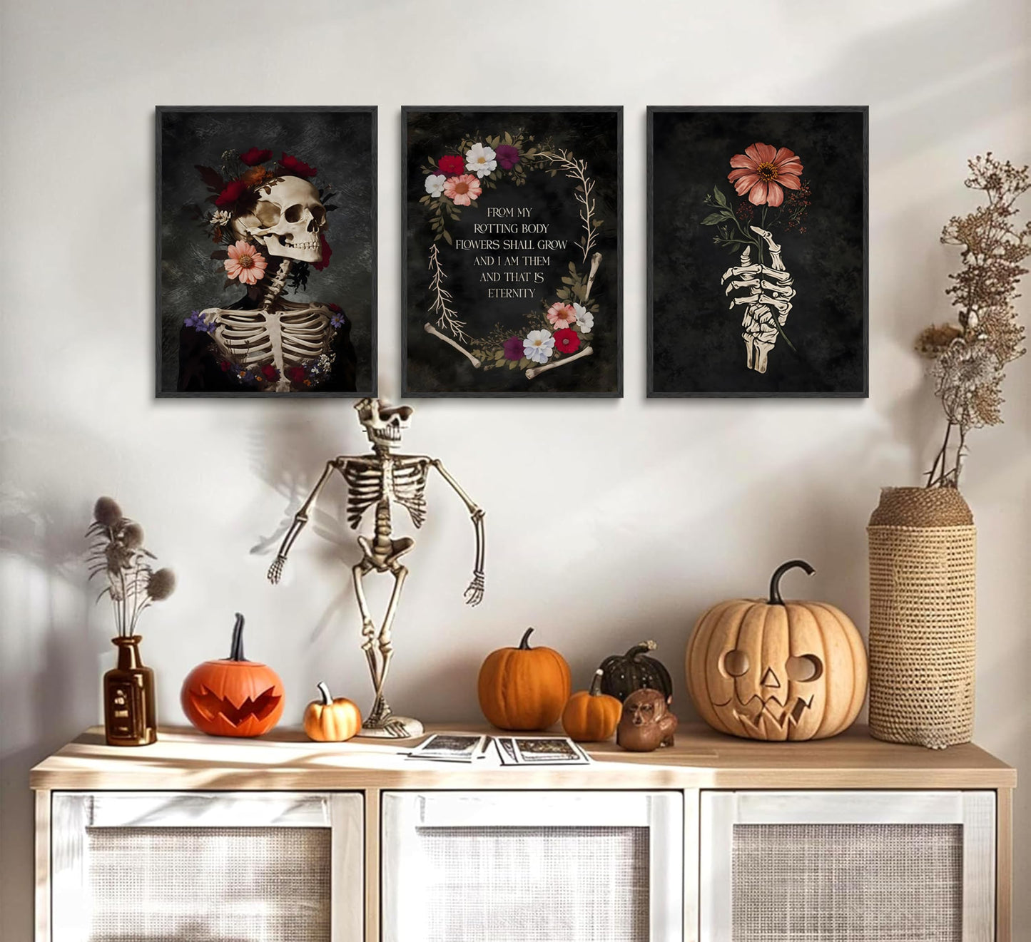 YCXDMJ 3Pcs Gothic Floral Skull Canvas Wall Art Unframed