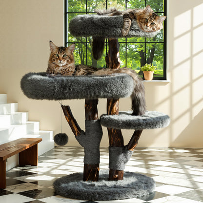 Aesthetic Cat Tree Tower for Large Cats, Modern Cat Tree for Maine Coon Indoor Cats with Faux Fox Fur, Maine Coon Cat Tree, Solid Wood Sisal Scratching Post, Perches, Platform & Toy Ball, Dark Gray