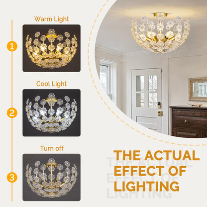 Wellmet Gold Semi Flush Mounts Ceiling Light,Sputnik Ceiling Light Fixture for Bedroom,Flowers Glass Modern Chandelier for Dining Room,Mid Century Close to Ceiling Light for Foyer,Living Room,Nursery
