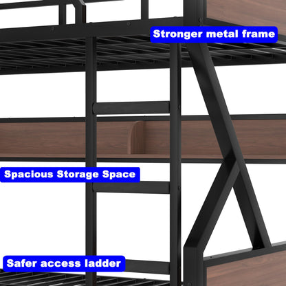 SIMPLEZC Upgraded Version Heavy Duty Thicken Metal Queen Over Queen Bunk Bed with Storage Shelves and Lights, Best Industrial Style Bunk Bed Frame with Wood Board for Adults (Queen Over Queen)
