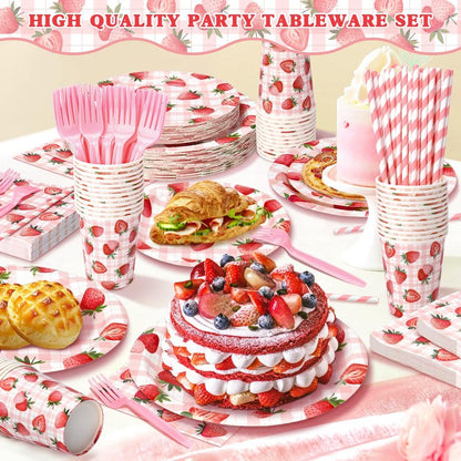 144 Pcs Strawberry Plates and Napkins Tableware Set, Plates Napkins Cups Straws and Forks Sets, Strawberry Party Birthday Supplies, Shortcake Birthday Decorations, Serves 24 Guests