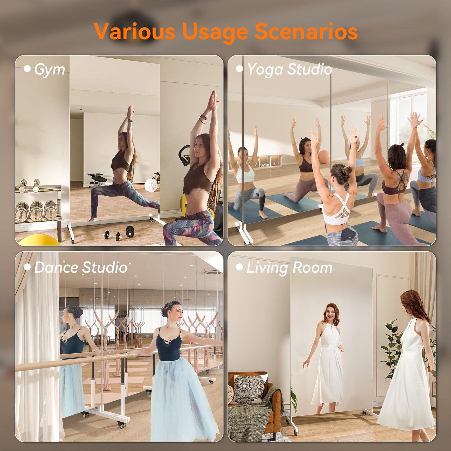 Hasipu Home Gym Mirror 360° Swivel on Wheels, 79" x 40" Extra Large Full Body Rolling and Tempered Glass Easy to Move Full Length Mirror for Yoga Studio, Bedroom, Dancing Studio, White