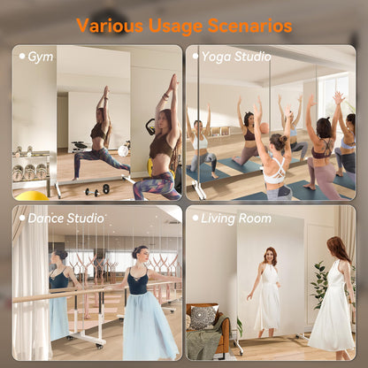 Hasipu Home Gym Mirror 360° Swivel on Wheels, 79" x 40" Extra Large Full Body Rolling and Tempered Glass Easy to Move Full Length Mirror for Yoga Studio, Bedroom, Dancing Studio, White