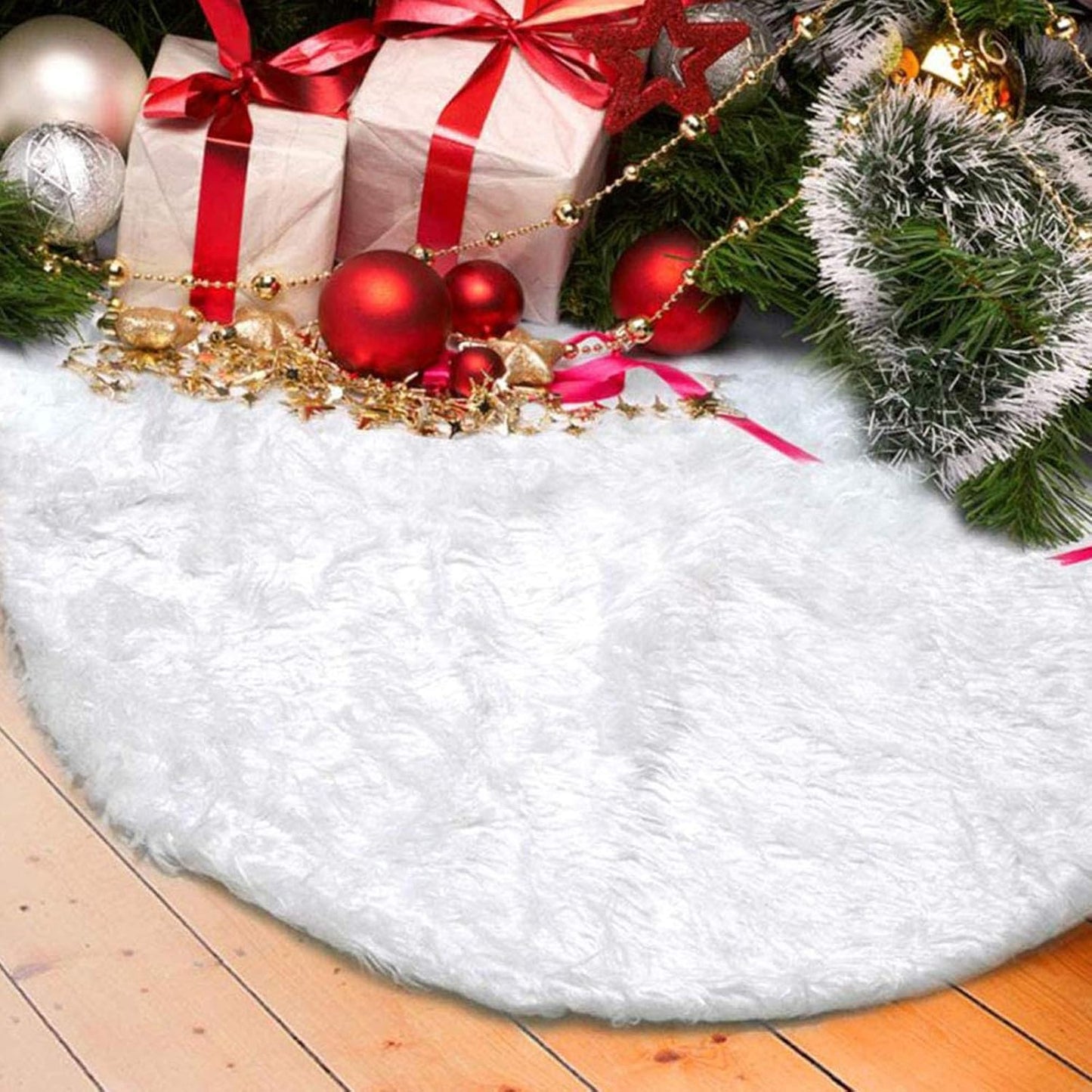 Christmas Tree Plush Skirts, 30 inches White Pure Long Haired Faux Fur Xmas Tree Skirt for Holiday Decorations