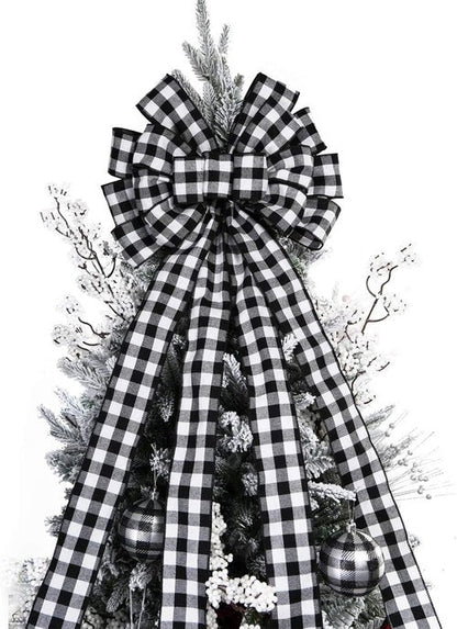 Christmas Checked Tree Topper - Large 48x13 Inch Black and White Plaid Decorative Bow
