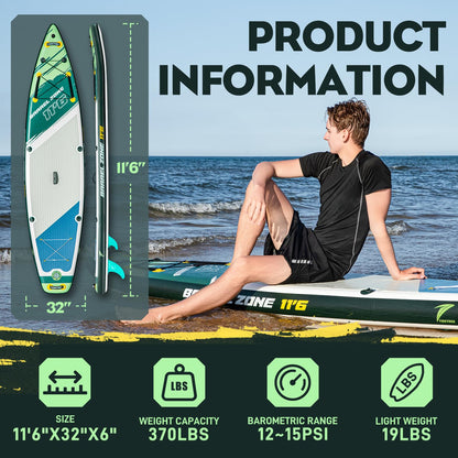 TIDETREK 11'6" Inflatable Stand Up Paddle Boards, Premium SUP Accessories, Non-Slip Comfort Deck for Youth & Adults (Coastal Sage)