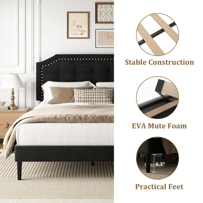 HAOARA King Size Bed Frame, King Size Platform Bed Frame with Upholstered Button Tufted Headboard, Strong Wood Slats, No Box Spring Needed, Mattress Foundation, Easy Assembly Black