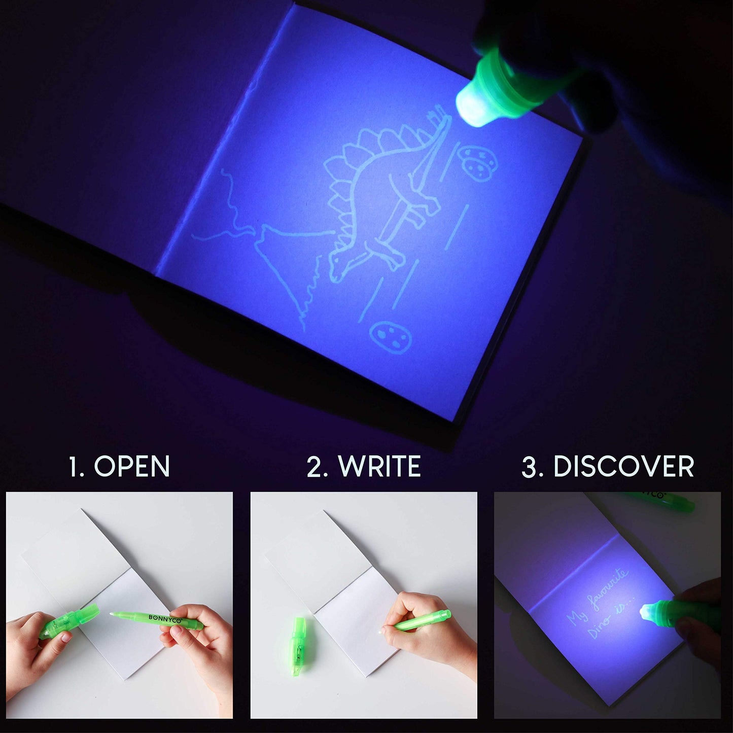 BONNYCO Invisible Ink Pen and Notebook Pack 16, Dinosaur Party Favors for Kids. Magic Spy Pen Goodie Bags Stuffers for Kids, Dinosaur Birthday Party Supplies. Goody Bag Stuffers, Return Gifts Prizes