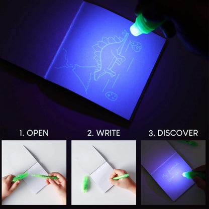 BONNYCO Invisible Ink Pen and Notebook Pack 16, Dinosaur Party Favors for Kids. Magic Spy Pen Goodie Bags Stuffers for Kids, Dinosaur Birthday Party Supplies. Goody Bag Stuffers, Return Gifts Prizes