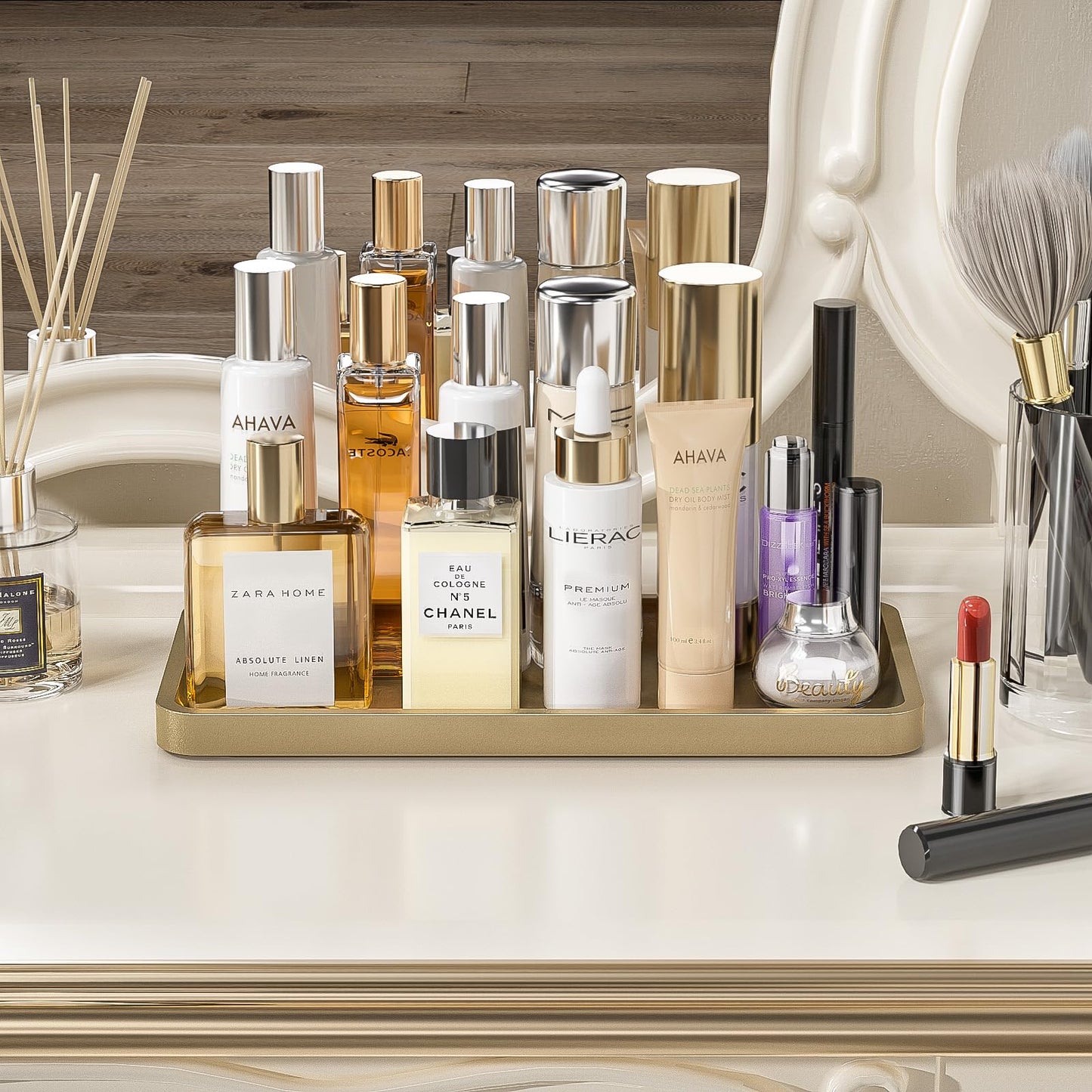 Weenson Gold Bathroom Vanity Tray for Countertop Perfume Makeup Jewelry Decor Candle, Bamboo Kitchen Tray for Soap Dispenser Spice Coffee, Toilet Tank Tray 11.81”L x 6.1”W x 0.79”H