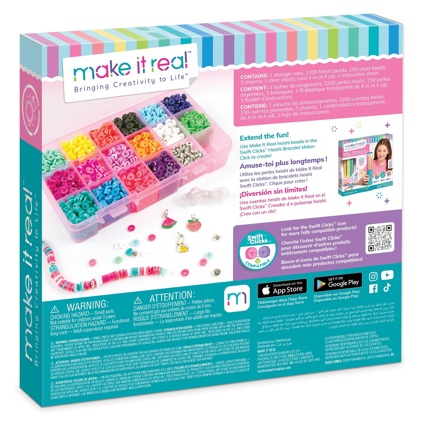 Make It Real Swift Clicks Heishi Bracelet Maker Beads with Storage Case - 3,356 Colorful Beads for Kids Ages 8+
