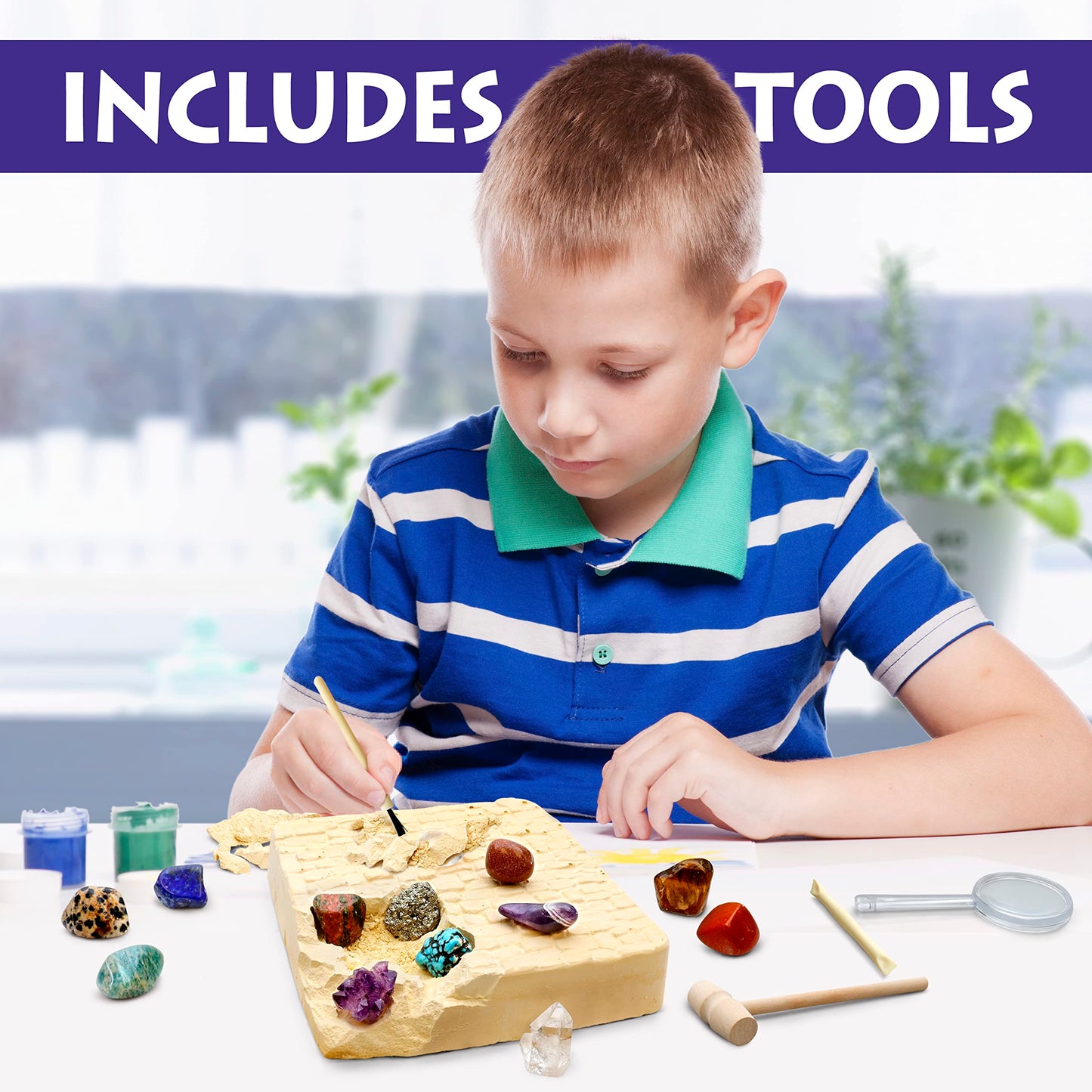 DANCING BEAR Gem stone Dig Kit, Excavate 16 Real Gems & Crystals including Arrowheads, Quartz Point and Amethyst, STEM Education for Kids, Fun Rock Mining Science Activity Gift Sets for Girls and Boys