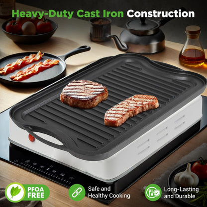 NutriChef 20"x10" Reversible Cast Iron Griddle Pan – Flat & Grill Sides, Pre-Seasoned, Oven Safe, Extra-Wide, PFOA & PFOS Free, for Gas, Electric, or Outdoor Cooking