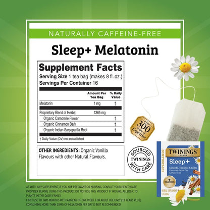 Twinings Superblends Sleep+ Herbal Tea with 1mg Melatonin, Camomile, Cinnamon & Vanilla, Naturally Caffeine-Free, 16 Tea Bags (Pack of 6), 96 Teabags