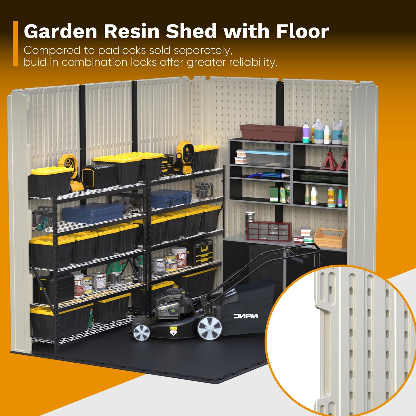 Devoko 8 x 8 FT Plastic Storage Shed with Floor, Outdoor Resin Tool Shed with Lockable Door & Sloping Roof, Patio Kick-it Shed for Garden, Backyard, Lawn, Beige
