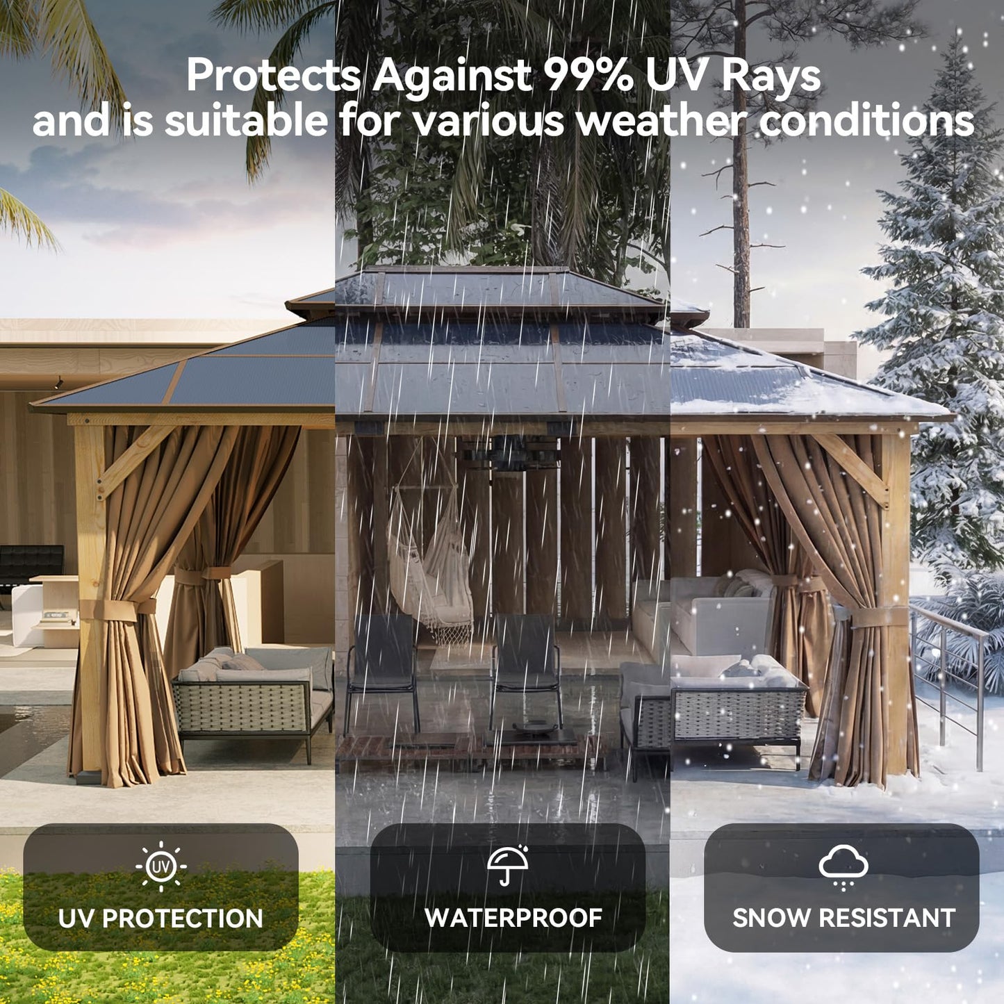 Aoxun 12' x 16' Outdoor Wood Gazebo with Double Polycarbonate Top, Hardtop Gazebo Permanent Wooden Pavilion with Breathable Netting and Privacy Curtain for Patio, Garden, Deck, Cedar Wood, Natural