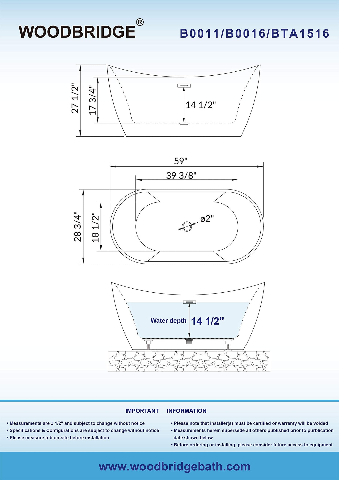 WOODBRIDGE B0016 C 59" Freestanding Bathtub Contemporary Soaking Tub, White Acrylic Drain/Overflow, B-0016 Chrome+ Pillow