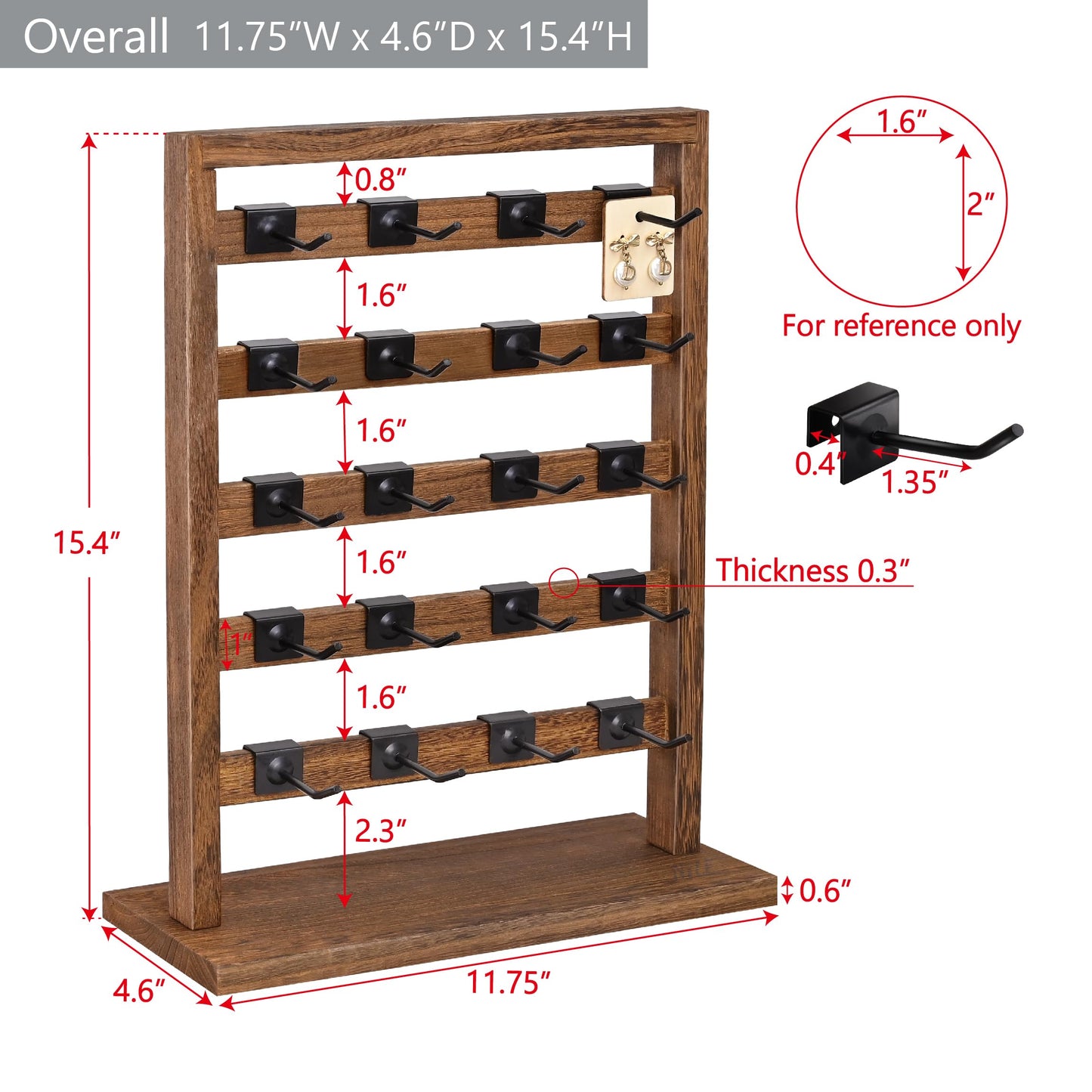 Ikee Design 5 Tiers Free Assemble Wooden Jewelry Display Rack with 20 Removable Metal Hooks,Earring Card Display Stand,Jewelry Organizer,Bracelet Organizer,Keychain Display Stand,Brown Color