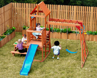 Dolphin Playground Cedar Wooden Swing Sets, Outdoor Playset with Monkey Bar, Heavy Duty Backyard Playset for Kids 3-10, 2-in-1 Picnic Table, 6FT Wave Slide, Climbing Wall, Belt Swings