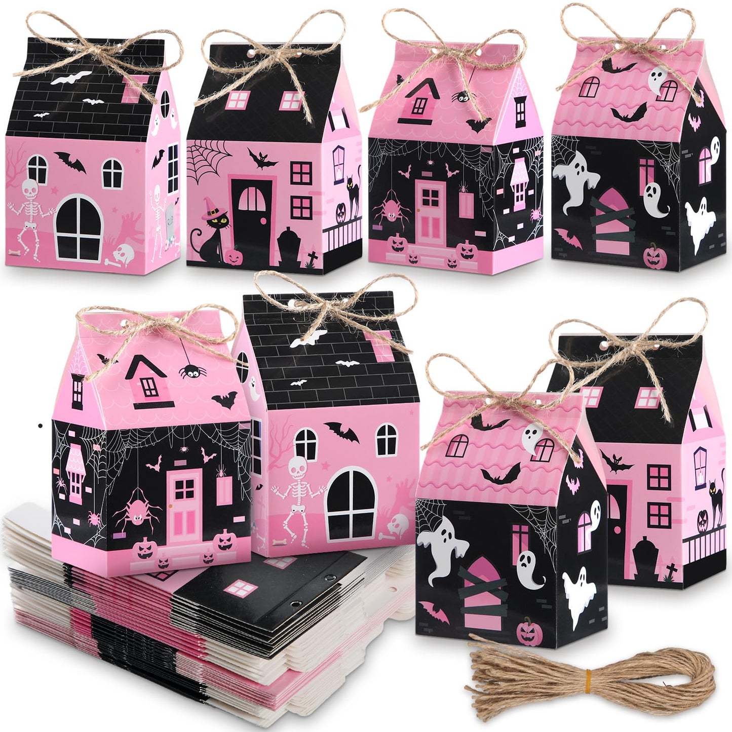 Zhanmai 48 Pcs Pink Halloween Treat Boxes Mini Black Castle House Candy Pink Box Small Halloween Paperboard Gift Container for Holiday Party Treat Cookie Goodie Snack Gift Packaging