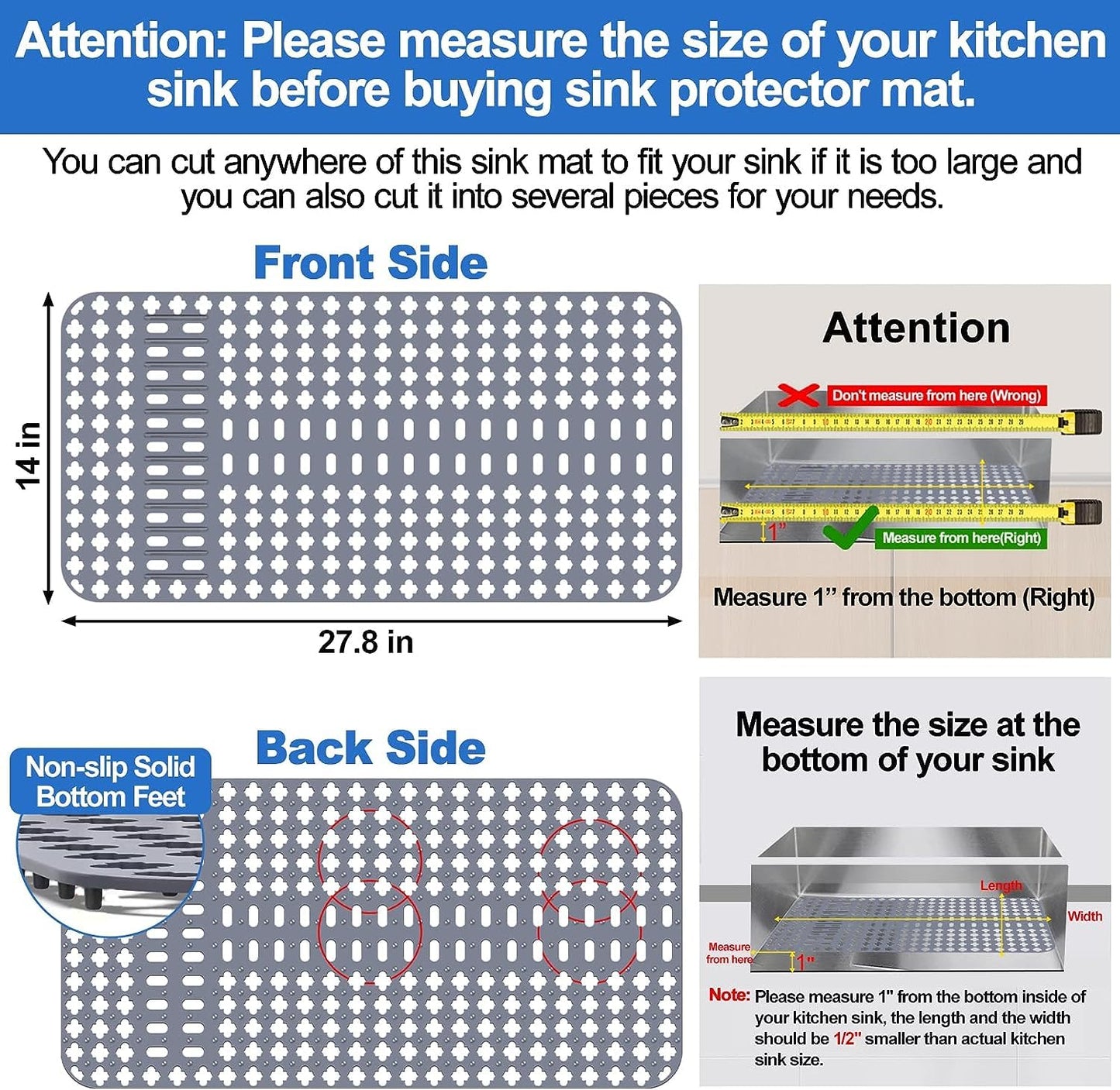 ARLBA Upgraded Silicone Sink Mat 28"x14" Sink Protectors for Kitchen Sink with Rear Drain/Center Drain,Sink Rack for Bottom of Sink, Kitchen Sink Mats for Bottom of Stainless Steel/Porcelain Sink