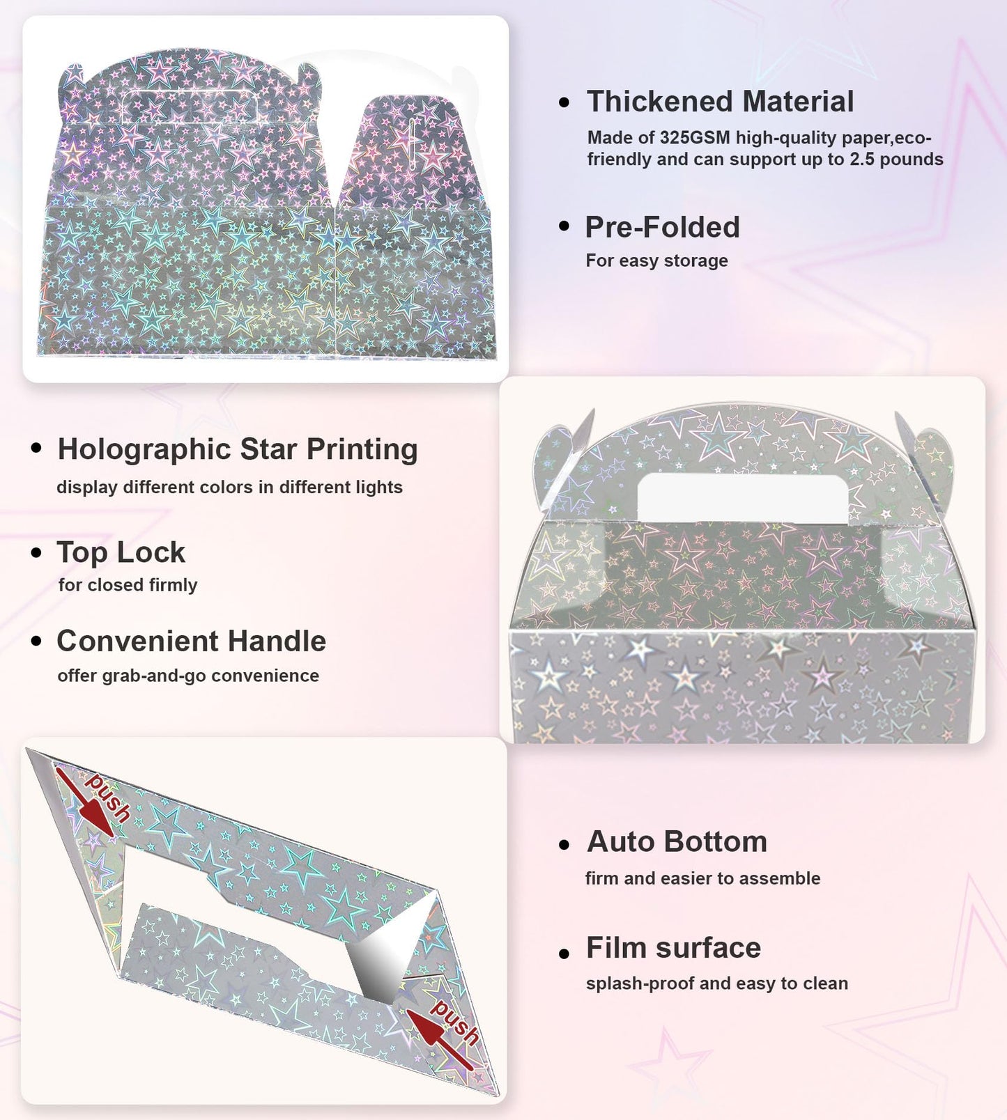 Naleyber Iridescent Star Party Favor Treat Box, 24pcs Holographic Gable Boxes for Candy Snacks Gifts, Shiny Goodie Boxes for Birthday parties
