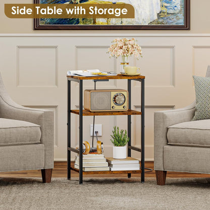 X-cosrack Side Table with Charging Station, End Table with USB Ports and Outlets, Nightstand with Storage Shelves