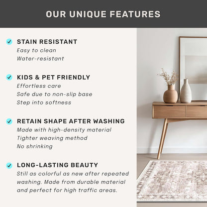 Skiennix Washable Area Rug - Large 8x10 Boho Vintage Floral Design | Stain Resistant & Non-Slip (Beige/Latte)