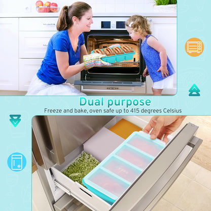 Silicone Freezer Tray with Lid - 1 Cup Silicone Food Freezers Tray - Large Ice Cube Freezer Molds - Soup, Sauce, leftovers, Homemade Meal Prep Freezing Kitchen Storage Containers - Aqua - 4-Pack