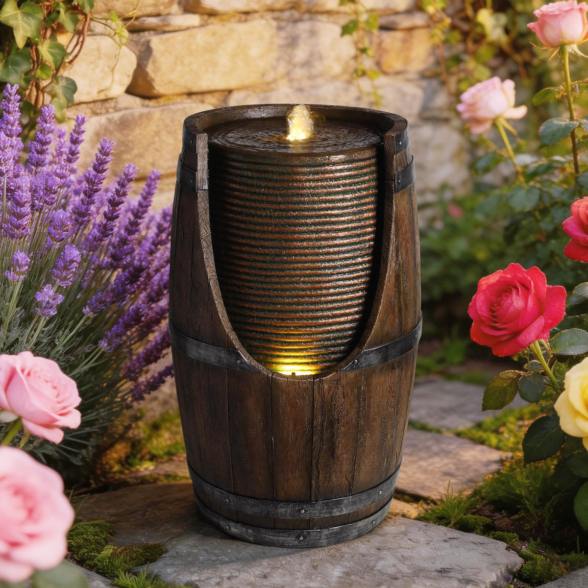 mdj pottery 24.8" Tall Outdoor Water Fountain, Rustic Barrel Style Cascading Resin Waterfall with Warm LED Lights, Weather-Resistant Patio Fountain for Patio Yard Porch - Brown Gray